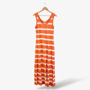 Calvin Klein Orange Maxi Dress Size 6 White Tie Dye Stripe Sleeveless Knit